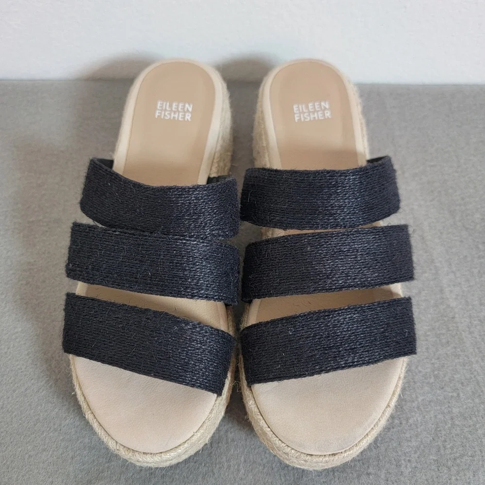 Eileen Fisher Mayla Black Jute Espadrille Platform Sandals Beach Coastal 8 EUC